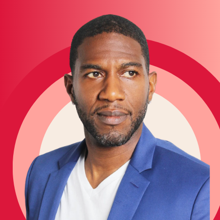 Jumaane Williams on a pink background